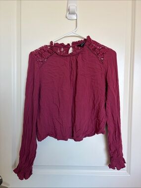 Forever 21 Blouse Lace Yoke Ruffle Mock Neck Long Sleeve Burgundy Size M